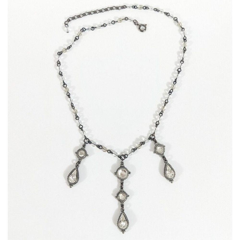 Ben Amun Crystal Dangle Necklace Silver Toned White Colorless Beads Rhinestones
